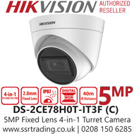 Hikvsion 5MP 2.8mm Fixed Lens 4-in-1 Turret CCTV Camera, Switchable TVI/AHD/CVI/CVBS, 40m IR Distance, IP67 Weatherproof, DWDR - DS-2CE78H0T-IT3F(2.8mm)(C) 