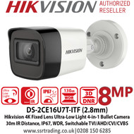 Hikvision 8MP 4K 2.8mm Fixed Lens Ultra-Low Light 4-in-1 Mini Bullet Camera, 30m IR Distance, IP67 Weatherproof, 130dB WDR, 3D DNR - DS-2CE16U7T-ITF (2.8mm)