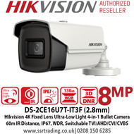 Hikvision 8MP/4K 2.8mm Fixed Lens Ultra-Low Light 4-in-1 Bullet Camera, 60m IR Distance, IP67 Weatherproof, 130dB WDR, 3D DNR - DS-2CE16U7T-IT3F (2.8mm)