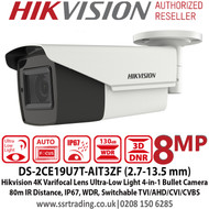 Hikvision 8MP 4K 2.7-13.5mm Motorized Varifocal Lens Ultra Low Light 4-in-1 Bullet Camera, 80m IR Distance, IP67 Weatherproof, 130dB WDR, Auto Focus, OSD menu, EXIR 2.0, Smart IR, 3DNR- DS-2CE19U7T-AIT3ZF (2.7-13.5mm)