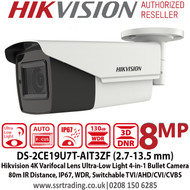 Hikvision DS-2CE19U7T-AIT3ZF 8MP 4K 2.7-13.5mm Motorized Varifocal Lens Ultra Low Light 4-in-1 Bullet CCTV Camera, 80m IR Distance, IP67 Weatherproof, 130dB WDR, Auto Focus, OSD menu, EXIR 2.0, Smart IR, 3DNR