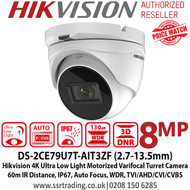 Hikvision 8MP 4K 2.7-13.5mm Motorized Varifocal Lens Ultra Low Light 4-in-1 Turret CCTV Camera, 60m IR Distance, IP67 Weatherproof, 130dB WDR, Auto Focus, EXIR 2.0, Smart IR, 3DNR- DS-2CE79U7T-AIT3ZF (2.7-13.5mm)