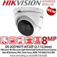 Hikvision DS-2CE79U7T-AIT3ZF 8MP 4K 2.7-13.5mm Motorized Varifocal Lens Ultra Low Light 4-in-1 Turret CCTV Camera, 60m IR Distance, IP67 Weatherproof, 130dB WDR, Auto Focus, EXIR 2.0, Smart IR, 3DNR