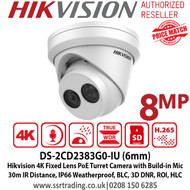 Hikvision 4K 8MP 6mm Fixed Lens Audio IP PoE Network Turret CCTV Camera, 30m IR Distance, IP66 Weatherproof, 120dB WDR, Built-in microphone - DS-2CD2383G0-IU(6mm) 