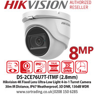 Hikvision 8MP 4K 2.8mm Fixed Lens Ultra-Low Light 4-in-1 Turret CCTV  Camera, 30m IR Distance, IP67 Weatherproof, 130dB WDR, 3D DNR - DS-2CE76U7T-ITMF (2.8mm)