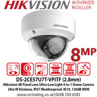Hikvision 8MP 4K 2.8mm Fixed Lens Ultra-Low Light 4-in-1 Dome Camera, 30m IR Distance, IP67 Weatherproof, IK10 Vandalproof, 130dB WDR, 3D DNR - DS-2CE57U7T-VPITF (2.8mm)