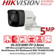 Hikvision  5MP 2.8mm Fixed Lens Ultra-Low Light 4-in-1 Bullet CCTV Camera, 30m IR Distance, IP67 Weatherproof, 130dB WDR, 3D DNR - DS-2CE16H8T-ITF (2.8mm)