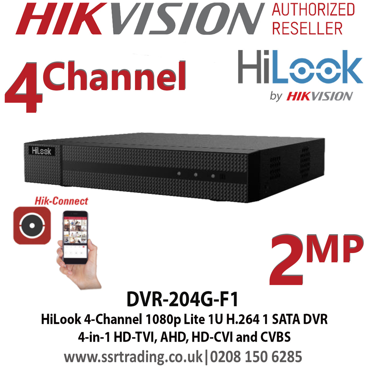 HiLook 4-Channel 1080p Lite 1U H.264 DVR, 4 signals input adaptively  HDTVI/AHD/CVI/CVBS - DVR-204G-F1