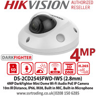 Hikvision 4MP 2.8mm Fixed Lens Darkfighter Wi-Fi Audio PoE Mini Dome Network CCTV Camera, 10m IR Distance, IP66 Weatherproof, IK08 Vandalproof, WDR, Built-in MIC, Support MicroSD/SDHC/SDXC Card - DS-2CD2545FWD-IWS(2.8mm)