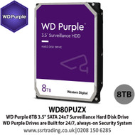 8TB WD Purple SATA Surveillance 24x7 Storage Hard Drive 3.5" - WD80PUZX