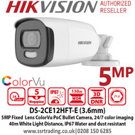 Hikvision DS-2CE12HFT-E 5MP 3.6mm Fixed Lens ColorVu PoC Bullet CCTV Camera, 40m White Light Distance, IP67 Weatherproof, 130dB WDR, 24/7 Full Color Imaging 