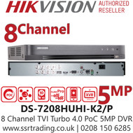 HIKVISION DS-7208HUHI-K2/P 8 channel TVI Turbo 4.0 PoC 5MP DVR, 8CH PoC CCTV Surveillance Recorder, 2 SATA Interface
