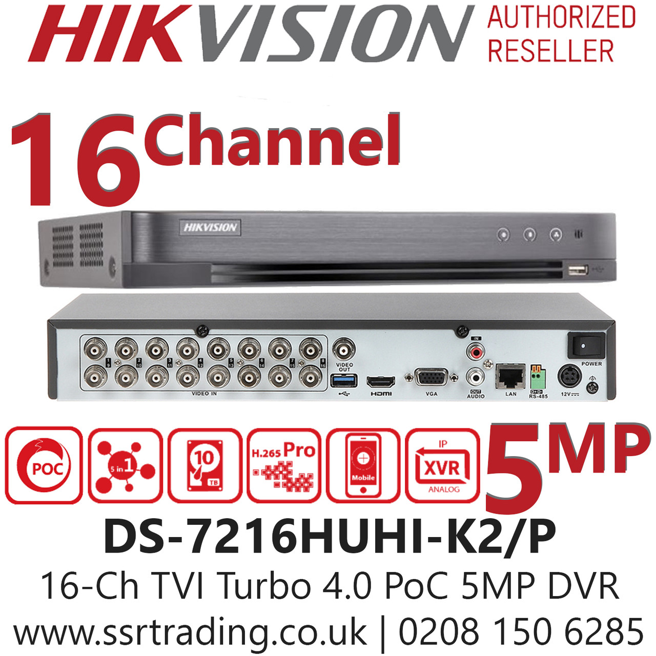 HIKVISION DS-7216HUHI-K2/P 16 channel TVI Turbo 4.0 PoC 5MP DVR, 16CH CCTV  Surveillance Recorder with 2 SATA Interface