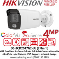 Hikvision DS-2CD2047G2-LU 4MP 2.8mm Fixed Lens AcuSense ColorVu Bullet PoE Network CCTV Camera with Audio, Up to 40m White light, H.265+ compression, IP67 weatherproof, Face Capture, Built in microphone, Supports on board storage 