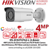 Hikvision DS-2CD2T47G2-L 4MP 2.8mm Fixed Lens AcuSense ColorVu Bullet Network CCTV Camera, Up to 60m White light, H.265+ compression, IP67 weatherproof, Face Capture, Supports on board storage, 24/7 colorful imaging 