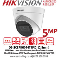 Hikvision DS-2CE78H0T-IT1F(C) 5MP 2.8mm Fixed Lens 4-in-1 Indoor/Outdoor Turret CCTV Camera, Switchable TVI/AHD/CVI/CVBS, 30m IR Distance, IP67 Weatherproof, Smart IR, Digital WDR 