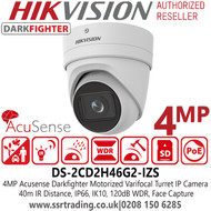 Hikvision 4MP 2.8-12mm Varifocal lens Acusense Darkfighter PoE Network Turret Camera, 40m IR Distance, IP66 Weatherproof, IK10 VandalProof, 120dB WDR, Face Capture, Built-in micro SD slot - DS-2CD2H46G2-IZS