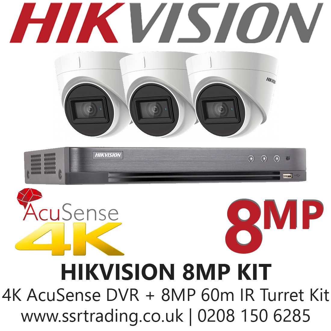 Hikvision CCTV System Kit 8MP 4K Balun Kit 8CH DVR + 3x 8MP White