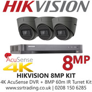 Hikvision CCTV System Kit - 8MP 4K Balun Kit - 8CH DVR + 3x  8MP Grey Turret Cameras