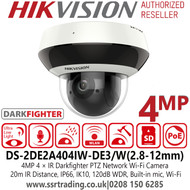 Hikvision 4MP 2" 4 x Zoom Darkfighter Wi-Fi PTZ PoE Network Camera, Up to 20m IR distance, IK10, IP66, Support Wi-Fi, Built-in microphone, Support H.265+/H.265 video compression - DS-2DE2A404IW-DE3/W(2.8-12mm