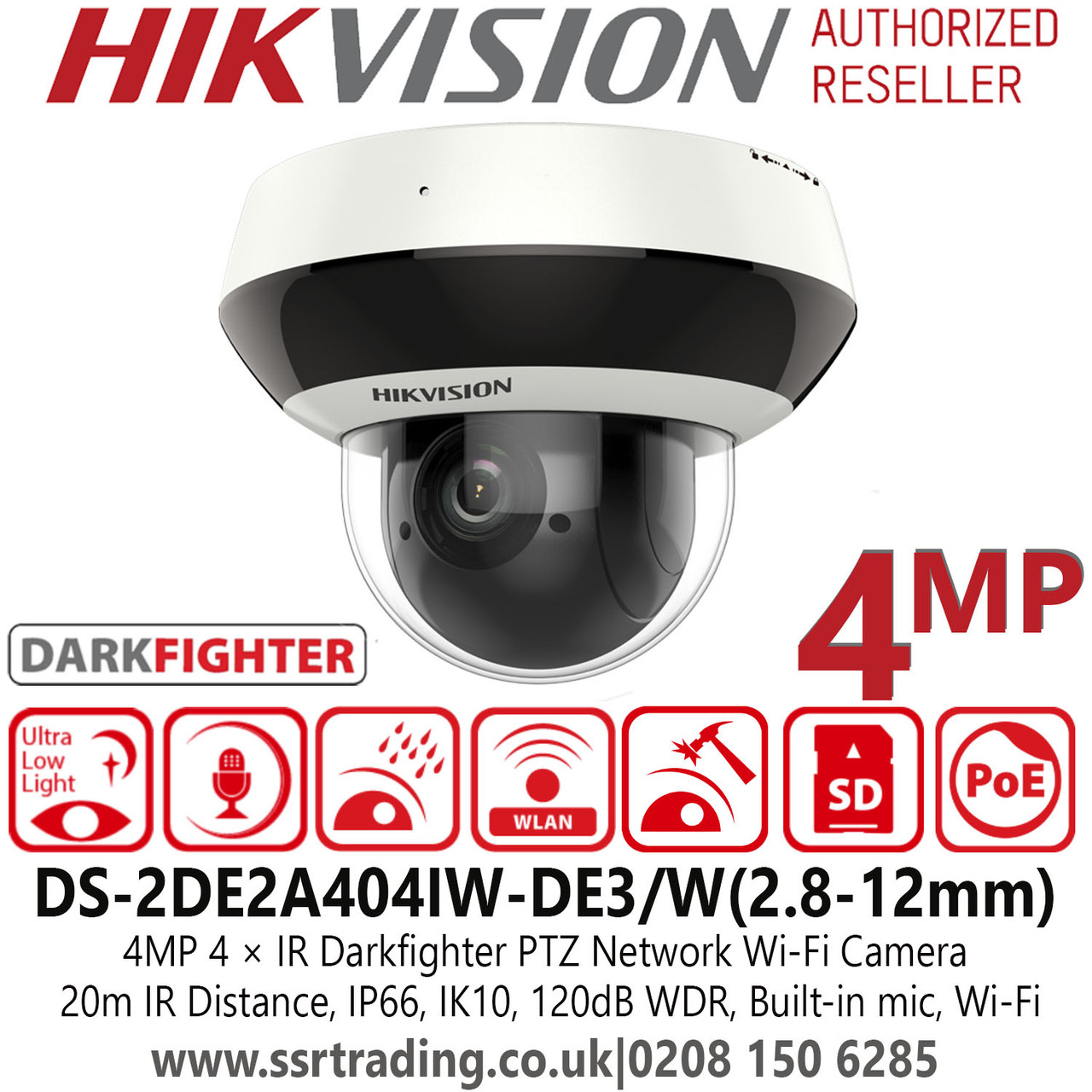 Hikvision 4MP 2″ 4 x Zoom WIFI 20m IR PTZ CCTV Camera - DS-2DE2A404IW-DE3/W