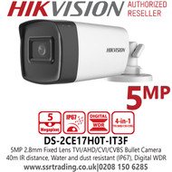 5MP CCTV Camera 2.8mm Fixed Lens TVI/AHD/CVI/CVBS Hikvision Bullet Camera - DS-2CE17H0T-IT3F(2.8mm)(C) 