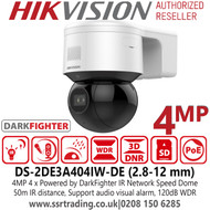 Hikvision 4MP Darkfighter IR PoE Network Speed Dome Camera with 50m IR Distance - DS-2DE3A404IW-DE