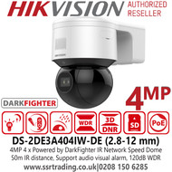 Hikvision 4MP Darkfighter IR PoE Network Speed Dome CCTV Camera with 50m IR Distance - DS-2DE3A404IW-DE