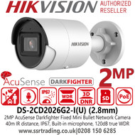Hikvision 2MP Outdoor Bullet Network Camera, AcuSense DarkFighter 2.8mm Fixed Lens Mini Bullet IP PoE CCTV Camera with 40m IR Distance - DS-2CD2026G2-I(U) (2.8mm)