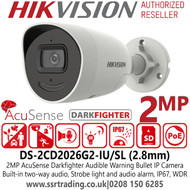 Hikvision DS-2CD2026G2-IU/SL 2MP AcuSense DarkFighter Strobe Light and Audible Warning 2.8mm Fixed Lens Outdoor Mini Bullet Network Camera 