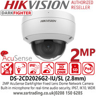 Hikvision 2MP AcuSense DarkFighter 2.8mm Fixed lens Outdoor Vandal resistant Dome Network CCTV Camera, Built-in microphone for real-time audio security - DS-2CD2126G2-I(SU) (2.8mm)