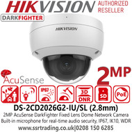 Hikvision DS-2CD2126G2-I(SU) 2MP AcuSense DarkFighter 2.8mm Fixed lens Outdoor Vandal resistant Dome Network CCTV Camera, Built-in microphone for real-time audio security 