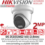 Hikvision DS-2CD2326G2-I(U) 2MP AcuSense DarkFighter 2.8mm Fixed Lens  Outdoor Turret CCTV Network IP Camera, Built-in microphone for real-time audio security 