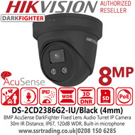 Hikvision 8MP AcuSense Darkfighter Fixed Lens Black Turret Network IP CCTV Camera with IR & Built n mic - DS-2CD2386G2-IU/B(4mm)