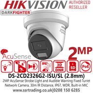 Hikvision 2MP AcuSense DarkFighter Strobe Light and Audible Warning Fixed Lens Turret Network PoE Camera with Built in MIC - DS-2CD2326G2-ISU/SL (2.8mm)