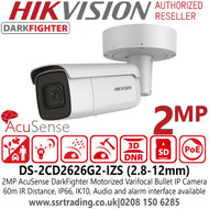 Hikvision 2MP AcuSense DarkFighter Motorized Varifocal Lens Outdoor Nightvision Bullet Network PoE Camera with 60m IR Range - DS-2CD2626G2-IZS (2.8-12mm)