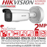 Hikvision 2MP AcuSense DarkFighter Strobe Light and Audible Warning Motorized Varifocal Lens Outdoor Nightvision Surveillance Security Bullet Network PoE Camera - DS-2CD2626G2-IZSU/SL (2.8-12mm)