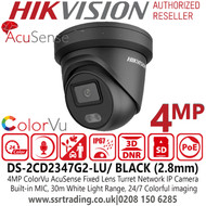 Hikvision DS-2CD2347G2-LU/B 4MP AcuSense ColorVu 2.8mm Fixed Lens Black Outdoor Nightvision Surveillance Security Turret Network PoE Camera with Built-in microphone 
