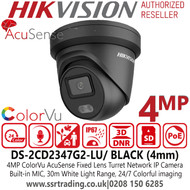 Hikvision 4MP AcuSense ColorVu 4mm Fixed Lens Black Outdoor 30m White Light Range Turret Network PoE Camera with Built-in microphone - DS-2CD2347G2-LU/BLACK