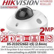 Hikvision 2MP Acusense DarkFighter Built-In Microphone Fixed Lens Mini Dome Network PoE Camera with 30m IR Range - DS-2CD2526G2-I(S) (2.8mm)