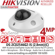 Hikvision DS-2CD2546G2-IS (C) 4MP Acusense DarkFighter Built-In Microphone 2.8mm Lens Mini Dome Network PoE IP Camera with 30m IR Range 