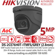 Hikvision 5MP AoC Fixed Lens Audio 4-in-1 TVI Outdoor/Indoor Turret Grey Camera with 30m IR Range - DS-2CE76H0T-ITMFS (2.8mm)/Grey