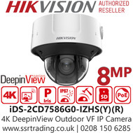 Hikvision 4K DeepinView Outdoor Vandal Proof Varifocal Lens Network PoE Dome Camera with 30m IR Range - iDS-2CD7586G0-IZHS(Y)(R) (2.8-12mm)