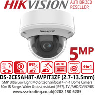 Hikvision 5MP Ultra Low Light Vandal Motorized Varifocal 4-in-1  TVI/AHD/CVI/CVBS Outdoor Dome Camera with 60m IR Range - DS-2CE5AH8T-AVPIT3ZF (2.7-13.5mm)