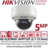 Hikvision 5MP Ultra Low Light Vandal Motorized Varifocal 4-in-1  TVI/AHD/CVI/CVBS Outdoor Dome Camera with 60m IR Range - DS-2CE59H8T-AVPIT3ZF (2.7-13.5mm)
