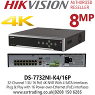 Hikvision 32 Channel 32Ch NVR 8MP 4K 4 x SATA 16 PoE Port NVR - DS-7732NI-K4/16P