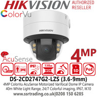 Hikvision 4MP AcuSense ColorVu Motorized Varifocal Lens Outdoor IP PoE Dome Camera with 40m White Light Range - DS-2CD2747G2-LZS (3.6-9mm)