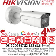 Hikvision 4MP AcuSense ColorVu Motorized Varifocal Lens Outdoor IP PoE Bullet Camera with 60m White Light Range - DS-2CD2647G2-LZS (3.6-9mm)