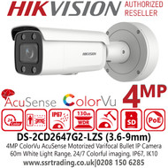 Hikvision DS-2CD2647G2-LZS (3.6-9mm) 4MP AcuSense ColorVu Motorized Varifocal Lens Outdoor IP PoE Bullet Camera with 60m White Light Range 