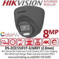 Hikvision 4K/8MP ColorVu PoC Fixed Lens Outdoor Grey Turret Camera with 40m White Light Range, 24/7 Color Imaging - DS-2CE72UF3T-E(2.8mm)GREY